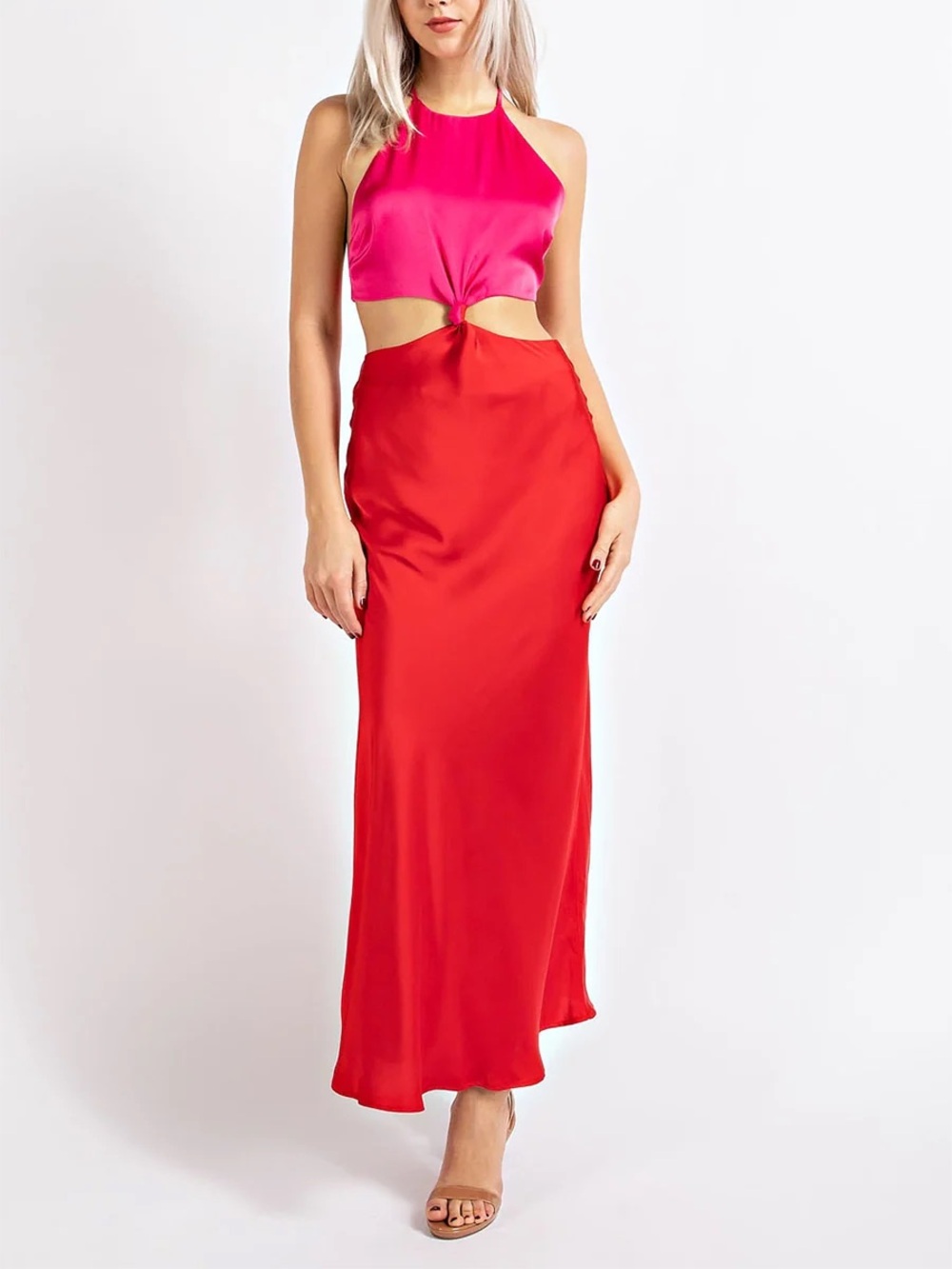 Colorblock Cutout Maxi Dress in Pink and Red